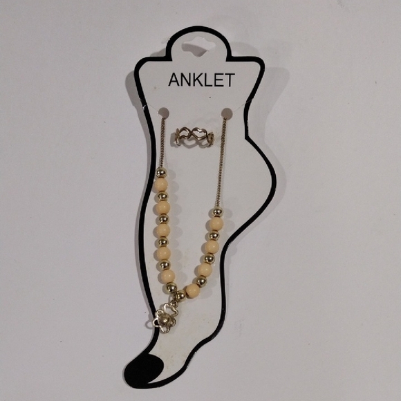 Beaded Gold-Tone Anklet Flower Charm & Matching Toe Ring – Summer Beach Jewelry - Picture 4 of 9